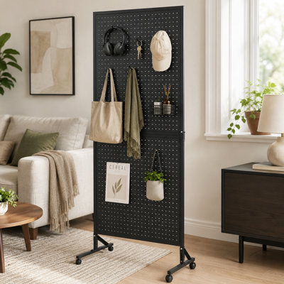 2'x5' Foldable Metal Office Pegboard Display Stand With Wheels, Portable Freestanding Rolling Pegboard Organizer, Easy Assembly Black Retail Display Rack With 20 Hooks For Jewelry, Bags, Hair Accessories, Craft Shows Boutique And Home Storage
