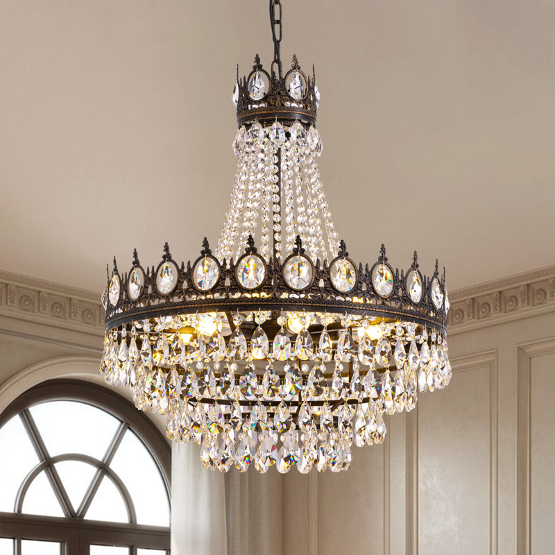 Maquisha Empire Dimmable 9-light Crystal Chandelier With Antique Bronze Accents, French Country Traditional Glam Dining Room Lighting