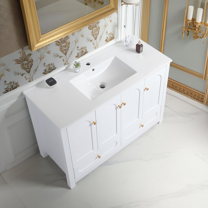 Meuble-lavabo de salle de bain avec lavabo en céramique, 4 portes et 2 tiroirs, Blanc