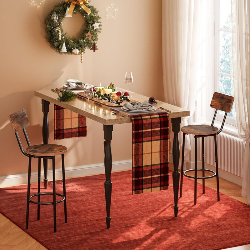 Tabourets de bar, ensemble de 2 chaises de bar rondes avec dossier, chaises de bar de 25,2 po pour îlot de cuisine, salle à manger, tabourets de bar à hauteur de comptoir, brun rustique et noir faciles à assembler