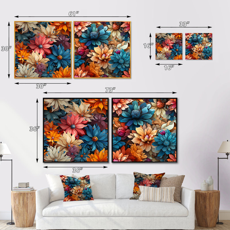 Houilles - Ensemble de 2 collages floraux carrés, Cadre flottant blanc, H 30 po x l 61 po