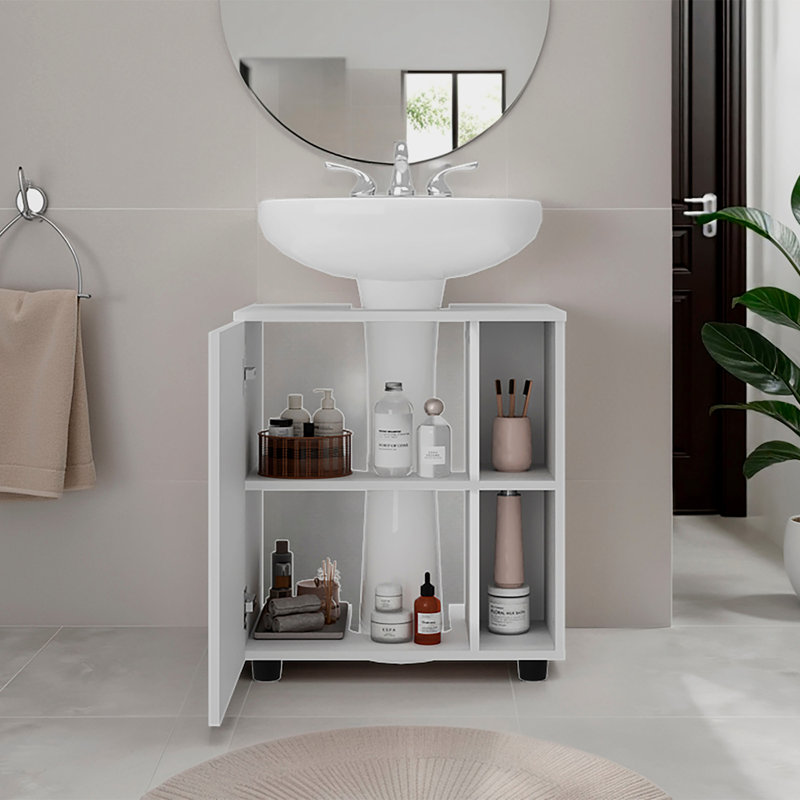 Parade Under Pedestal Sink Cabinet, 1 Door, 5 Open Compartments, Melamine Finish, White