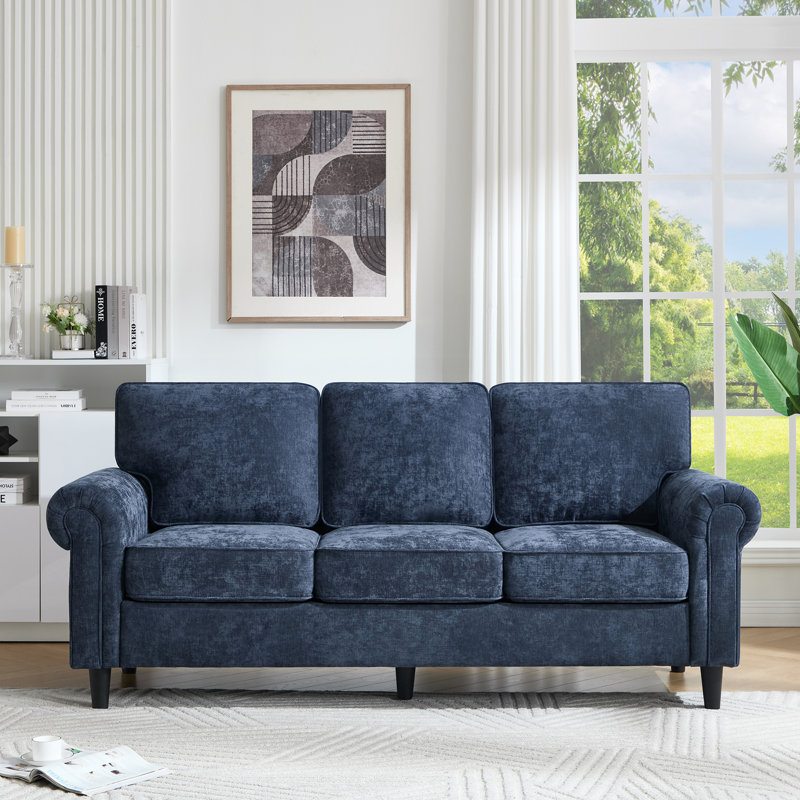 Canapé en chenille à accoudoirs roulés l 82,7 po Luelle, Chenille / bleu