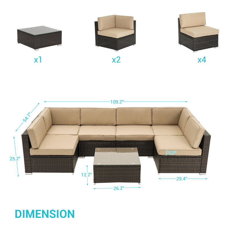 Ensemble de mobilier modulaire d'extérieur 7 pièces, ensemble de canapés en rotin PE résistant aux intempéries, Beige