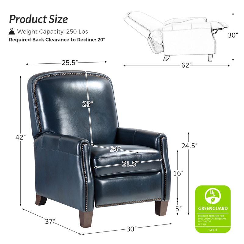Fauteuil inclinable manuel en cuir véritable Glen Ellyn, Cuir véritable bleu marine