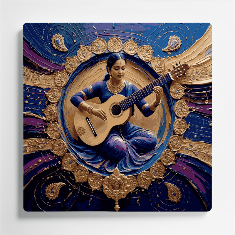 «Music Sitar», art mural en métal bleu, H 12 po x l 12 po