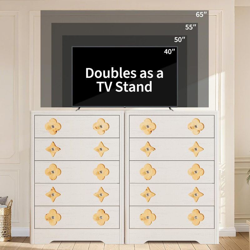 46.1" Tall 5 Drawer Wood Dresser with Decorative Fronts & Crystal Knobs, Narrow Storage Chest, White