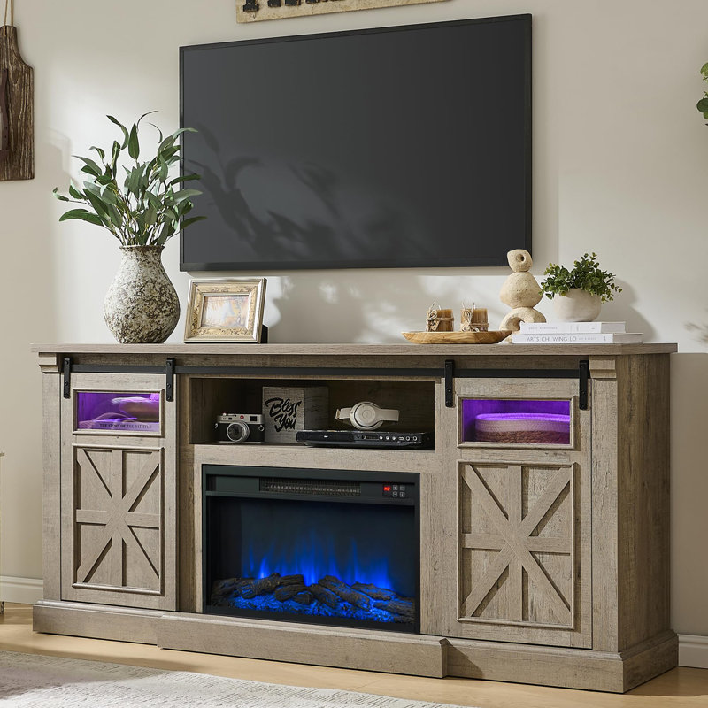 Farmhouse Fireplace TV Stand – 32’’ Tall LED Entertainment Center, Fits 80 Inch Tvs, With Electric Fireplace & Sliding Barn Door/Window,Rustic Gery