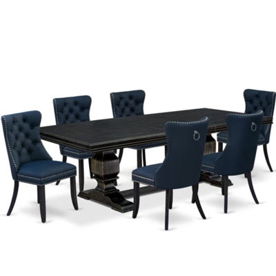 Cet ensemble de salle à manger 7 pièces comprend une table rectangulaire et 6 chaises parsons en tissu en polyester bleu marine avec dossier capitonné à boutons - finition noir sablé.