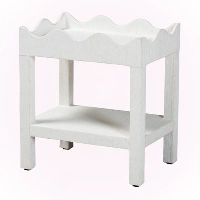 Single Grasscloth Scalloped 2-Tier End Table with Open Shelf Storage in White