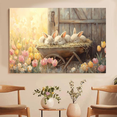 1Pc Easter Framed Canvas Poster Print Easter bunny, cart in the flowers, pastoral realistic style Wall decor, Ready To Hang - Modern Christian Decor, Perfect for Room Decor Living Room Bedroom Office Bathroom Decor