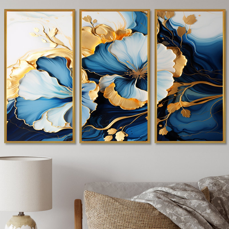 «White Blue Flower Gold Leaves - Abstract Modern Waves», ensemble d'art mural, Cadre flottant doré