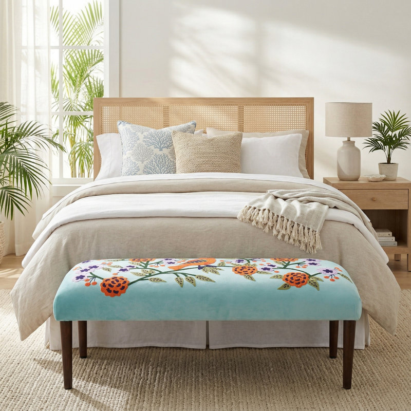Banc d'appoint rembourré en velours Dahlia, Bleu / botanique
