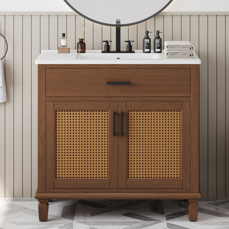 Meuble-lavabo en rotin avec lavabo en céramique, Brun