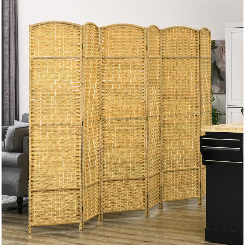 Paravent 6 panneaux, écran d'intimité pliable de 6 pi de hauteur, cloison murale autoportante tissée à la main pour bureau à domicile, chambre à coucher, bois naturel