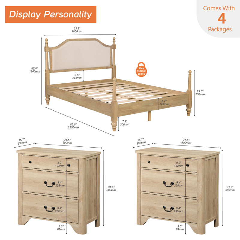 3 Piece Bedroom Set, Queen Size Wood Platform Bed Frame & Set Of 2 Nightstands With Large Drawers, Oak