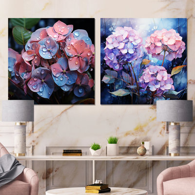 Hortensia rose et bleu, floraison symphonique - ensemble de 2 collages floraux carrés