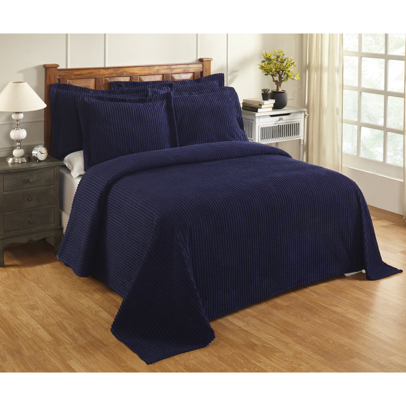 Jullian 100% Cotton Chenille Tufted Bedspread, Classic Stripe Design, Soft Breathable Coverlet, All-Season Machine Washable, OEKO-TEX Certified, King Size, Navy