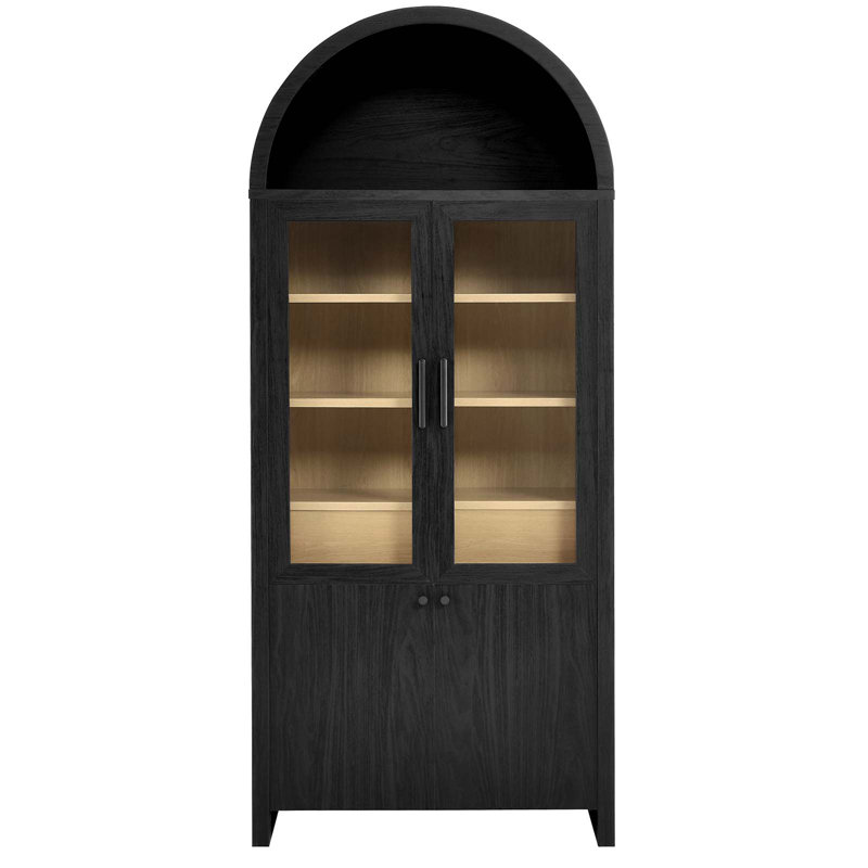 Evie Arched Black Oak Tall Display Cabinet with Glass Doors