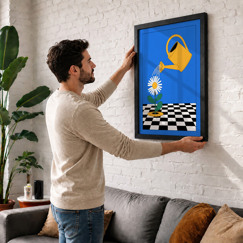 Watering the Daisy Modern - Framed Print, Oak, A4 - 29.7 x 21.0 cm