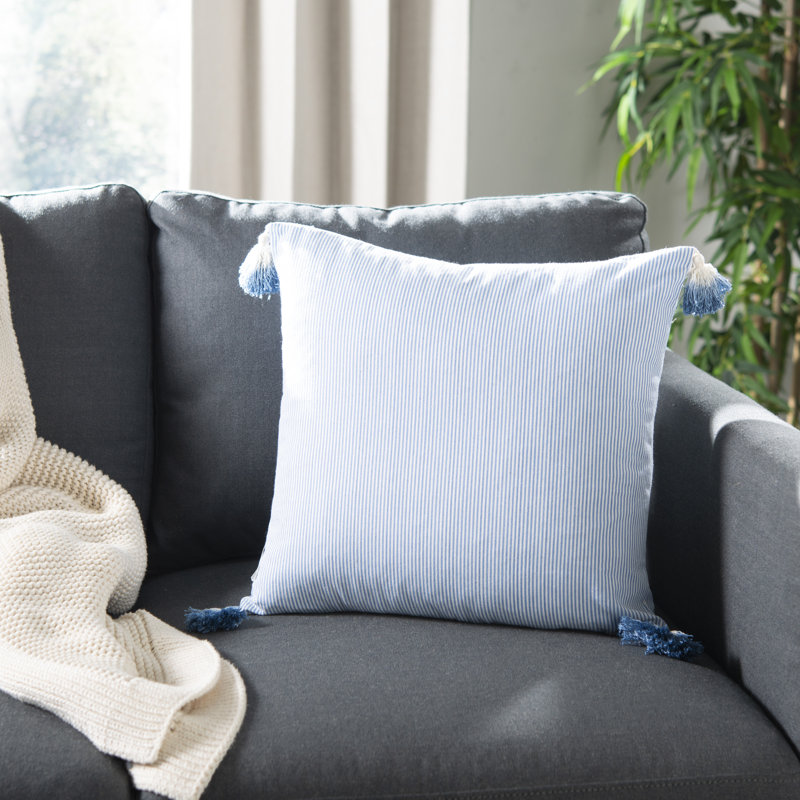 Blue and White Square Embroidered Decorative Pillow with Tassels