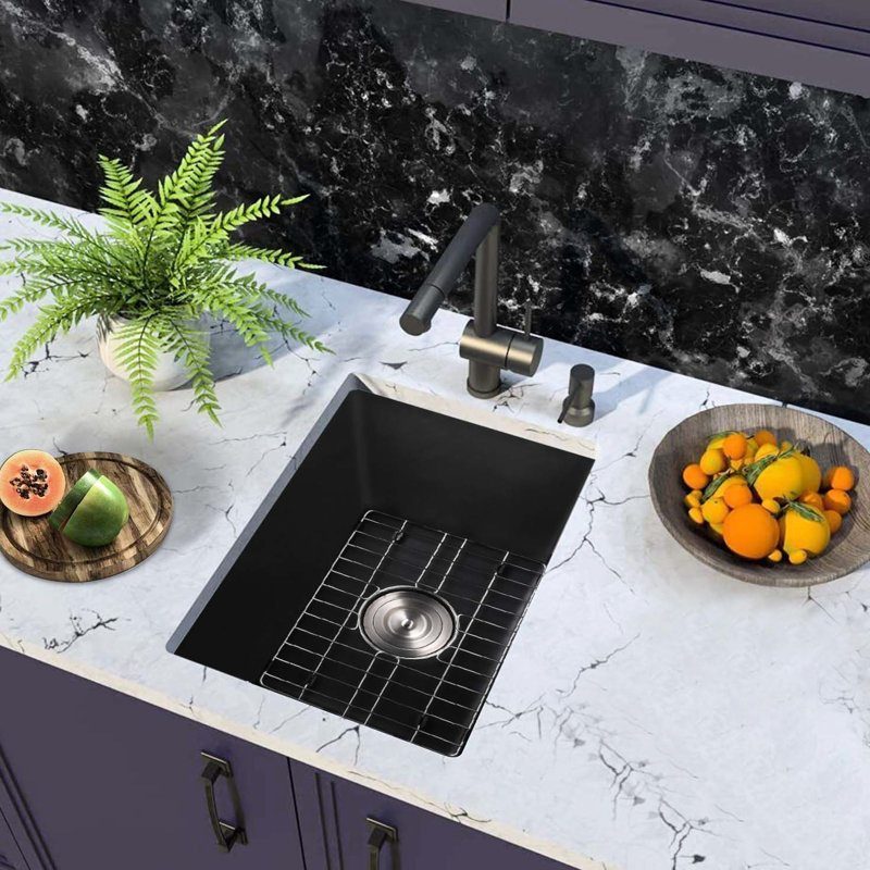 Évier de cuisine en quartz de 13,91 po x 18 po - Résistance à la chaleur et aux égratignures Facile à nettoyer avec grille de fond teintée pour crépine à panier hygiénique