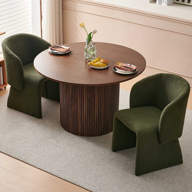 3-Piece Dining Table Set, Wood Top, Faux Fur Armchairs, Green, Walnut, Walnut