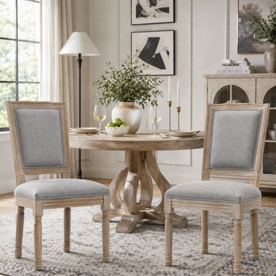 Farmhouse Dining Chair Set with Cushioned Linen Seat and Top-Wide Backrest