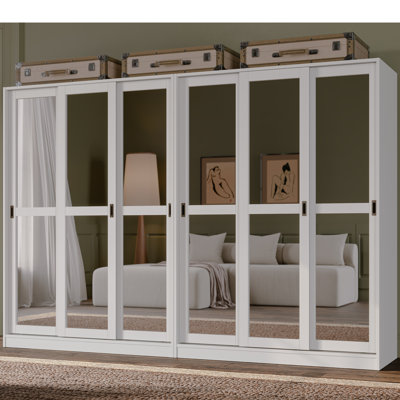 Portlynn 100% Solid Wood 6-Mirrored Sliding Door Wardrobe Armoire