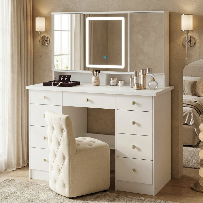 Coiffeuse à 9 tiroirs avec miroir et lumières réglables Jyotsna , Blanc