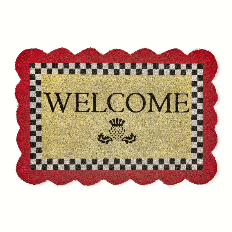 Red Scalloped Welcome Entrance Mat, Beige/Red/Black