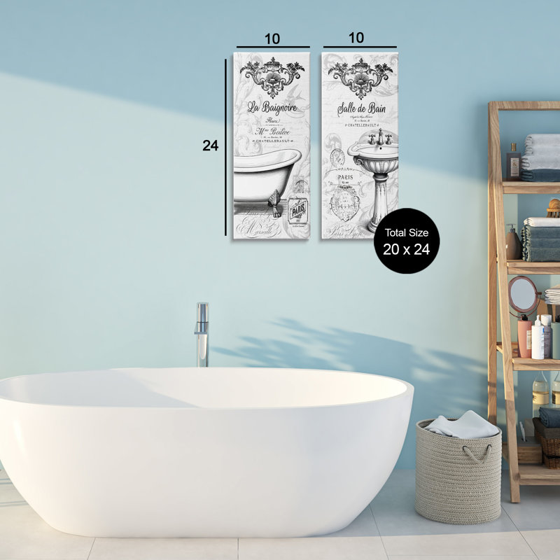 Antique French Bathroom Motifs 2pc Canvas Set, design by Lettered and Lined, 24" H x 10" W