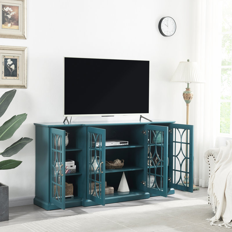 Buffet de 63 po en bleu sarcelle - 4 portes avec tablettes réglables, motif de porte exquis, support de télévision, grand plateau de table, portes, 6 portes faciles à installer