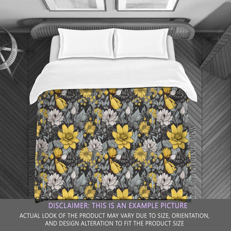 Machine Printed Comforter, Silver/Yellow Floral, Queen Comforter