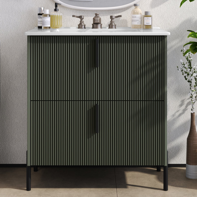 Meuble-lavabo en MDF vert doux avec lavabo en céramique, parfait pour les salles de bain modernes