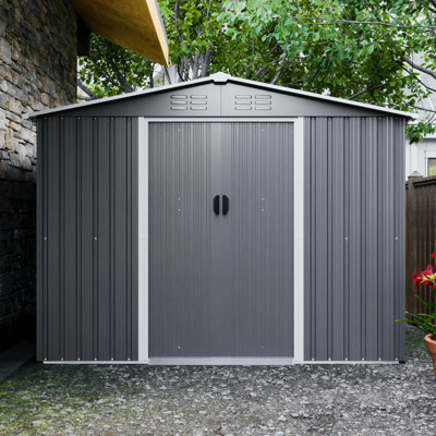 8X6 Ft Galvanized Steel Outdoor Shed With Lockable Doors - All Weather Use For Garden, Patio, Backyard, Lawn, Gray Protection Coating Metal & Foundation Easy To Install
