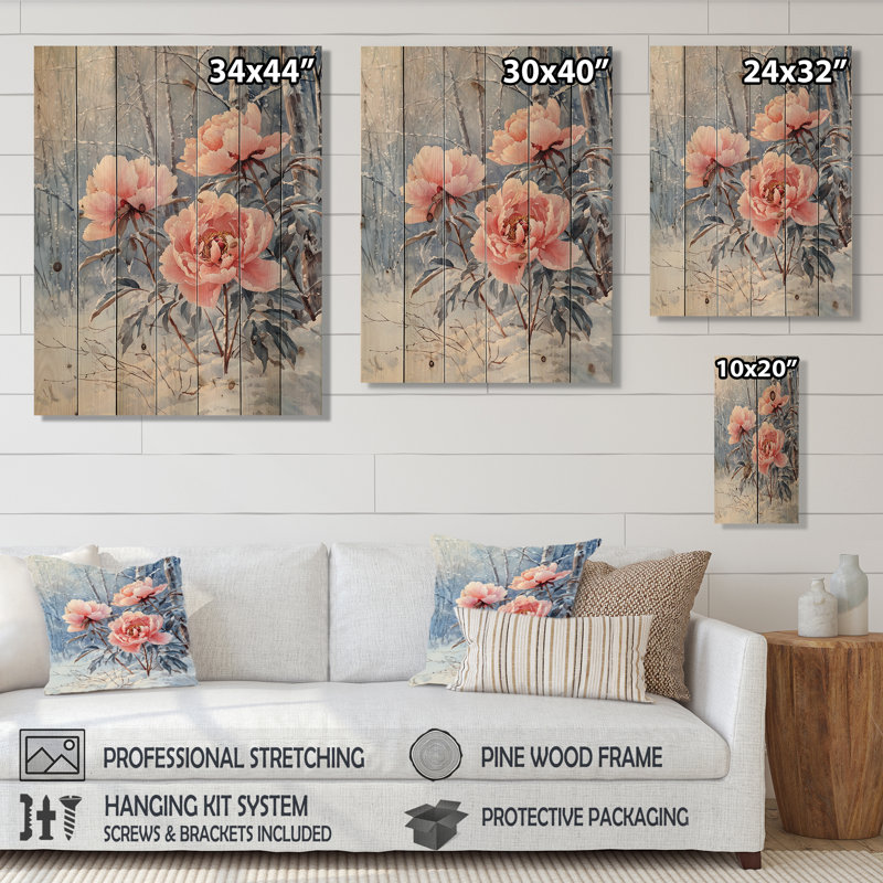 Hiver, pivoines glacées dans la forêt II - décorations murales en bois de pivoines - sur bois de pin naturel