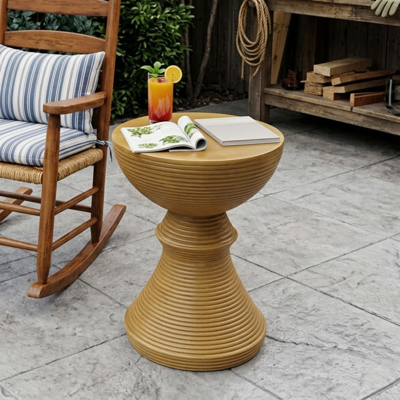 Modern Ribbed Concrete Outdoor Side Table with Hourglass Silhouette for Patio Balcony Garden or Porch, Yellow
