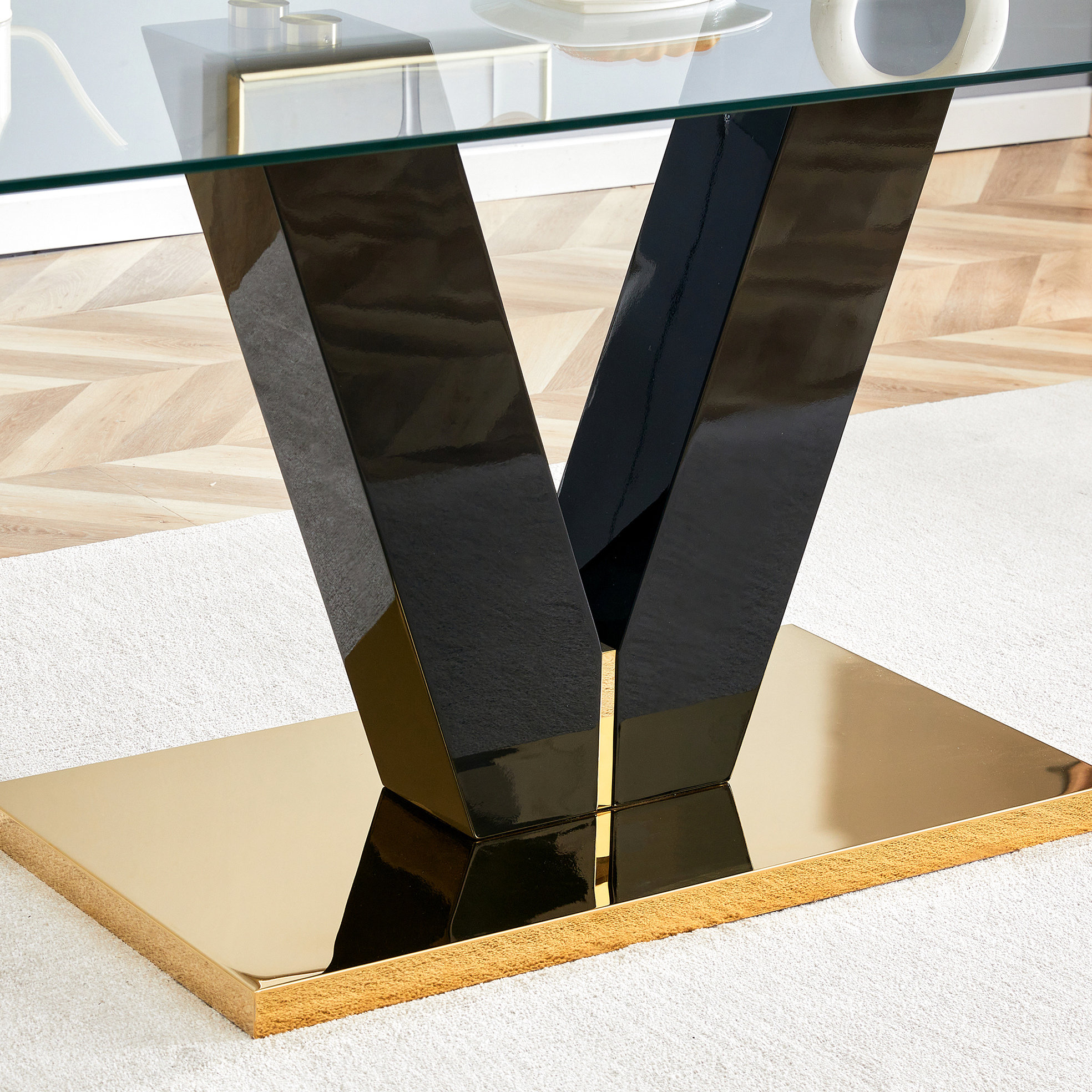 Mercer41 6-8 Person Modern Minimalist Black Glass Dining Table With 0.4 ...