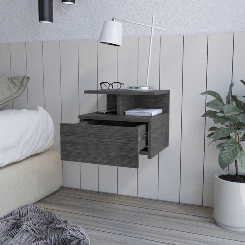 14" Wood One Drawer Floating Nightstand, Smokey Oak