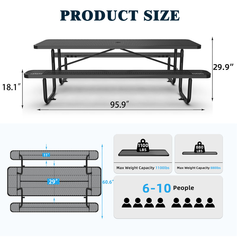 96" Rectangular Picnic Tables Black