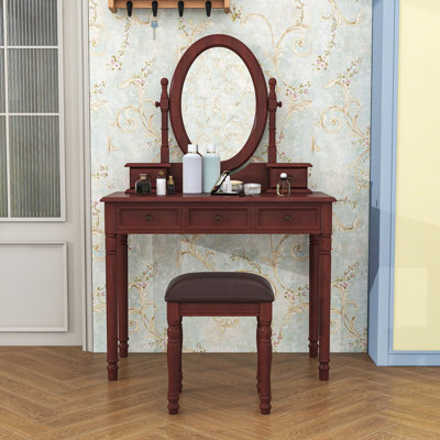 5 Drawers Vanity Makeup Desk with Mirror and Upholstered Stool