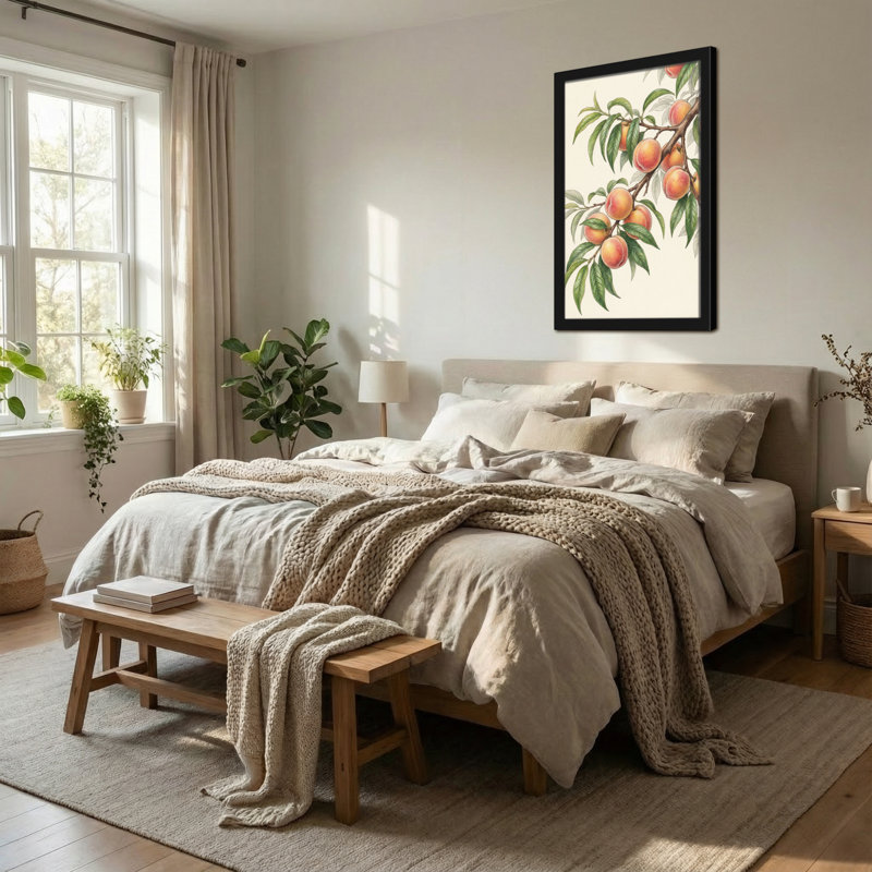 Plantes et fleurs, branche de pêche avec feuilles et fruits verts, H 18 po x l 12 po