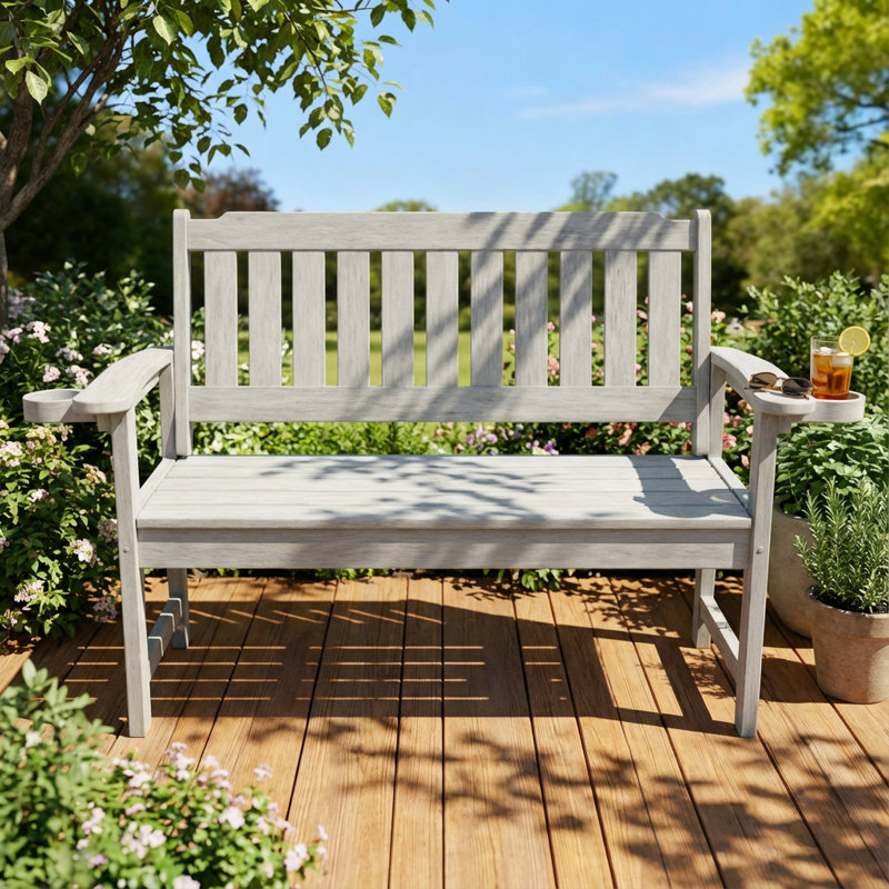 Banc d'extérieur moderne avec structure en acier inoxydable et lattes en composite bois-plastique, Gris clair