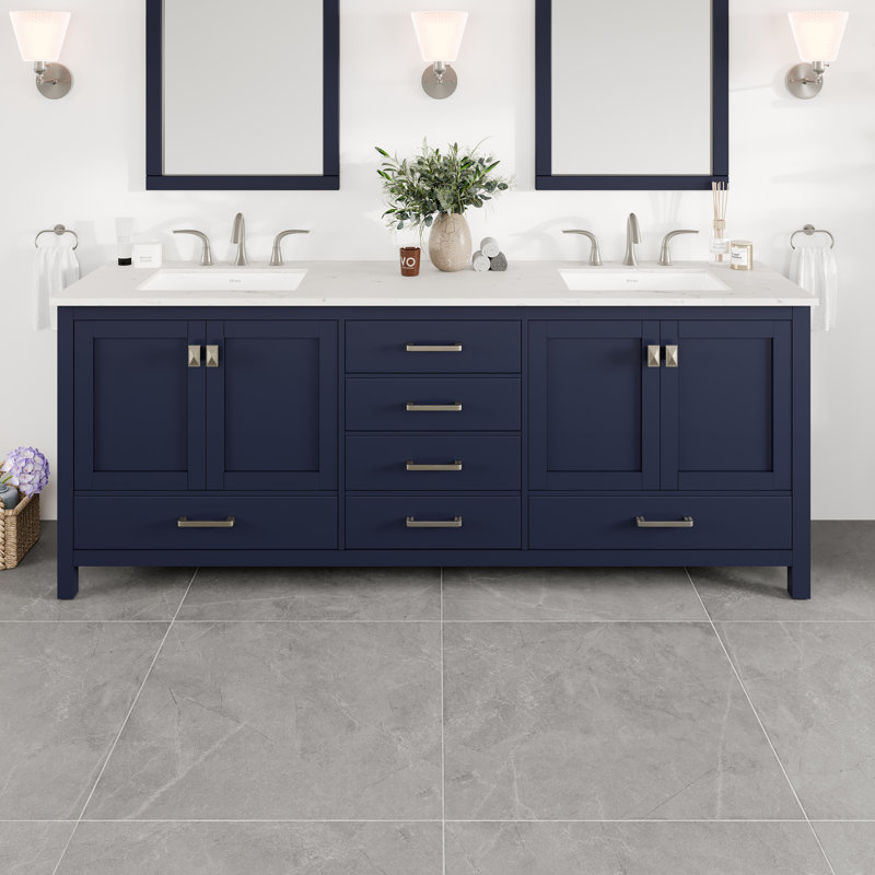 Meuble-lavabo double 78 po x P 22 po Minnich avec comptoir en quartz blanc Carrara
