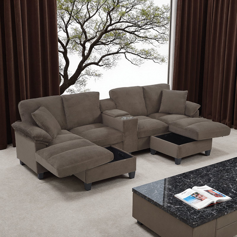 Modern U-Shaped Sectional Sofa with Storage Ottomans, Cup Holders & USB Ports, 116.9in, Brown
