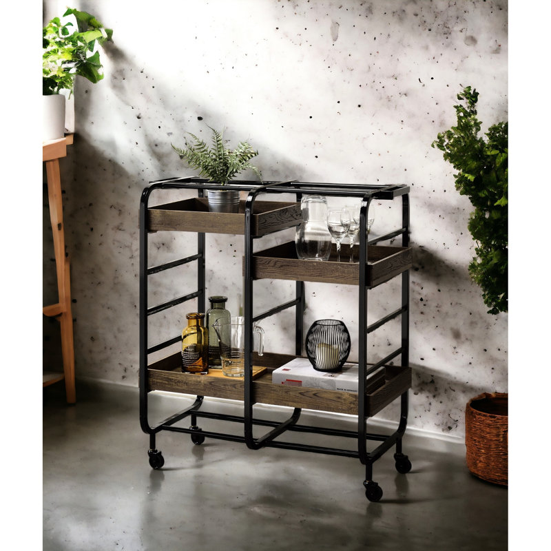 Black & Walnut Finish Rectangular Cart With 3 Wooden Trays And Storage Painted Metal Open Frame Build Style