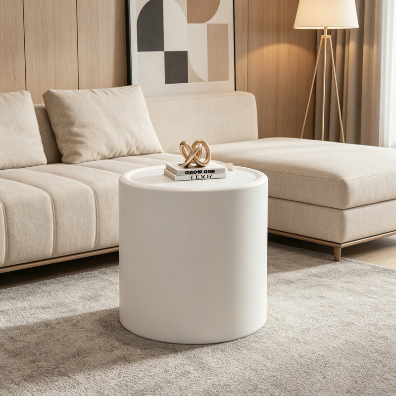 Table basse ronde avec plateau en verre trempé et rangement caché, Cream White