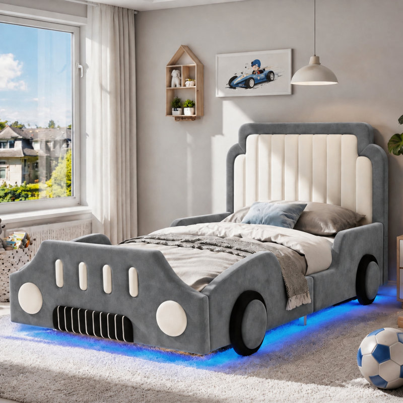 3ft Single Racing Car Bed with LED & Guard Rails,Velvet Kids Bed Frame with Side Protection, 90x190c, Grey