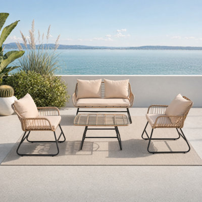 Ensemble de conversation pour 4 personnes en osier avec causeuse, 2 fauteuils et table basse avec plateau en verre